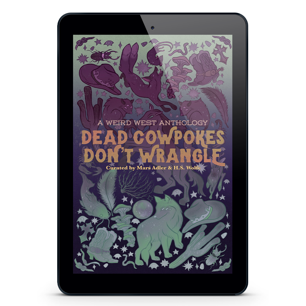 An eReader tablet featuring the book cover of Dead Cowpokes Don't Wrangle by Magnus Thorne