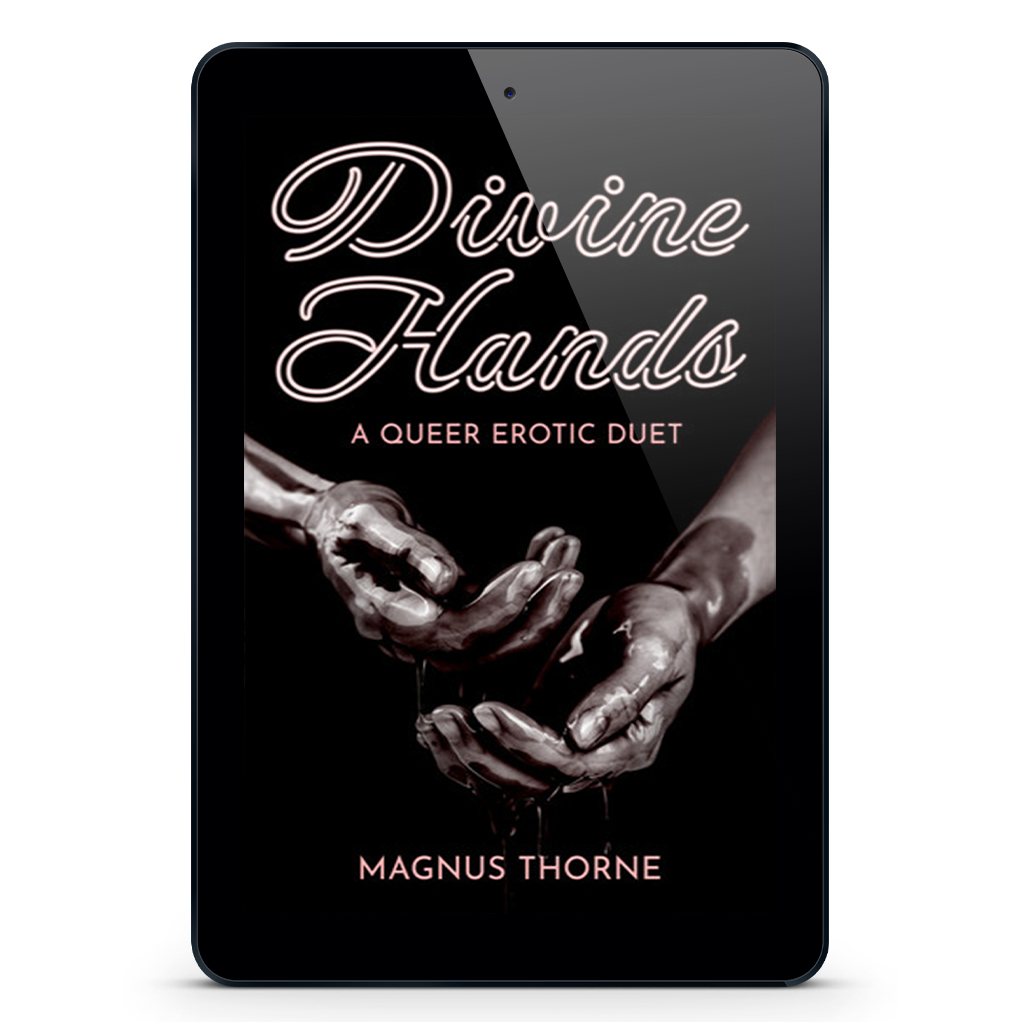 An eReader tablet featuring the book cover of Divine Hands by Magnus Thorne