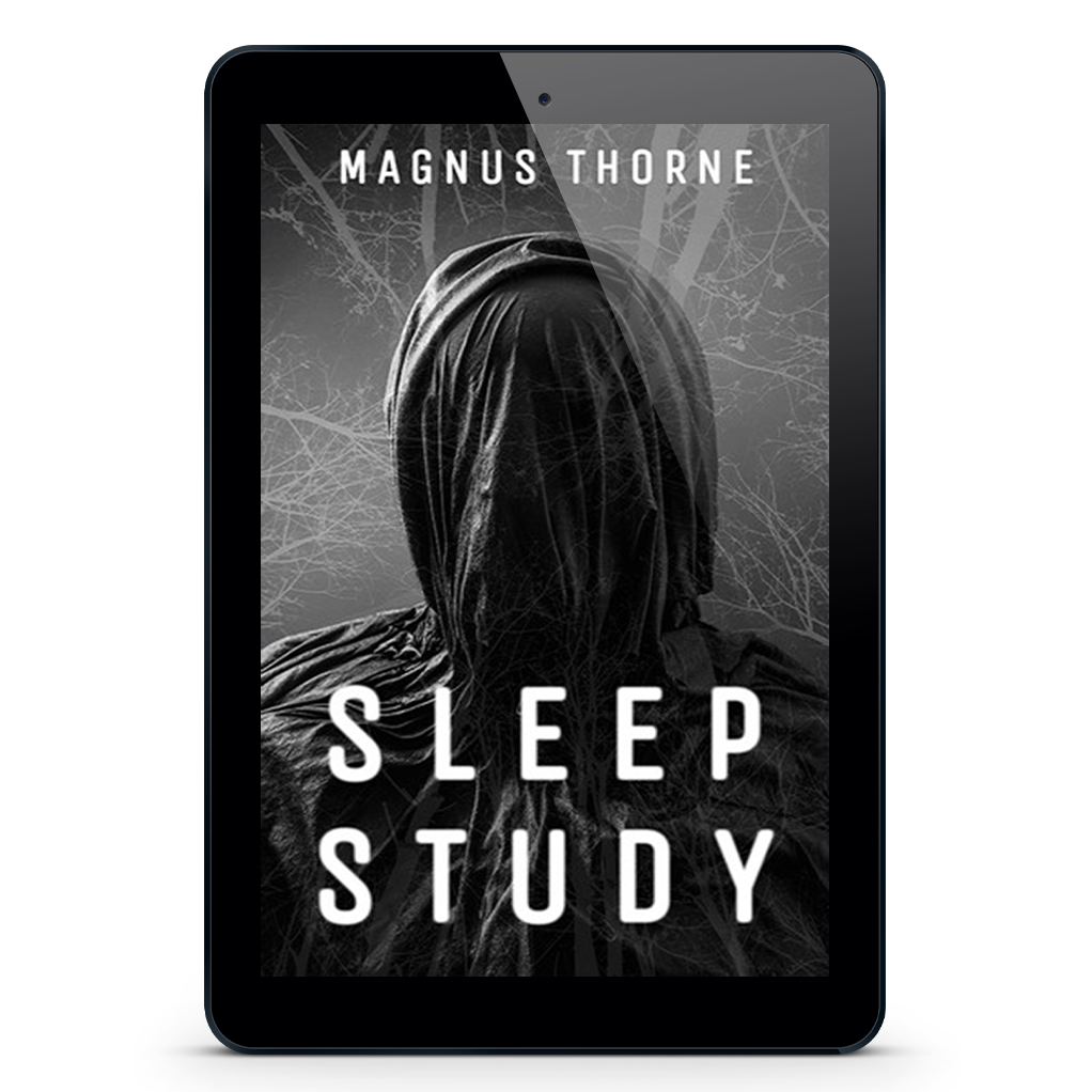 An eReader tablet featuring the book cover of Sleep Study by Magnus Thorne
