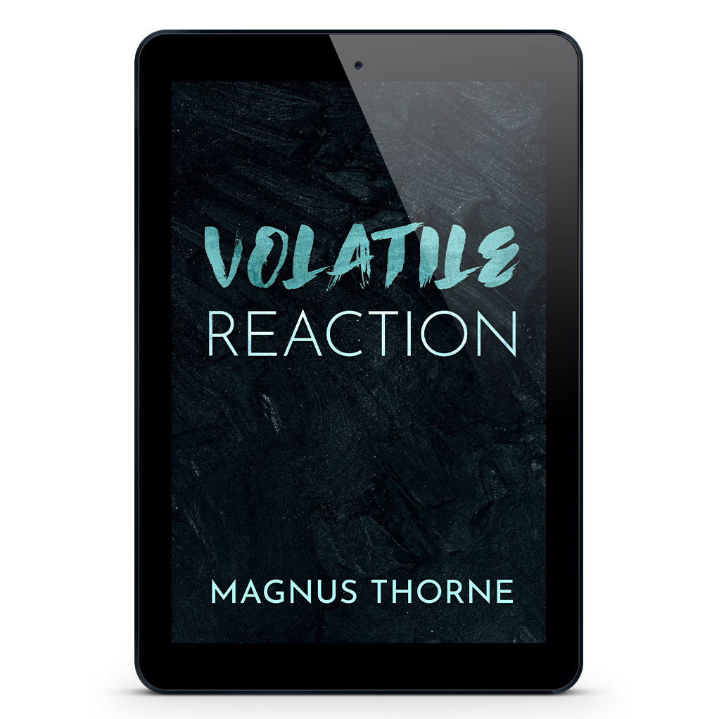 An eReader tablet featuring the book cover of Volatile Reaction by Magnus Thorne