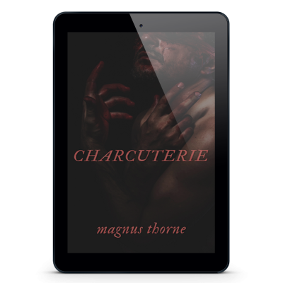An eReader tablet featuring the book cover of Charcuterie by Magnus Thorne