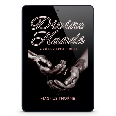 An eReader tablet featuring the book cover of Divine Hands by Magnus Thorne