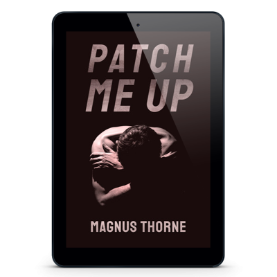 An eReader tablet featuring the book cover of Patch Me Up by Magnus Thorne