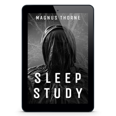 An eReader tablet featuring the book cover of Sleep Study by Magnus Thorne