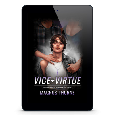 An eReader tablet featuring the book cover of Vice & Virtue by Magnus Thorne