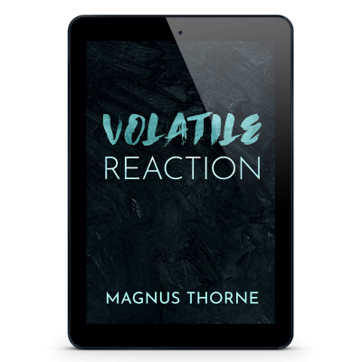 An eReader tablet featuring the book cover of Volatile Reaction by Magnus Thorne